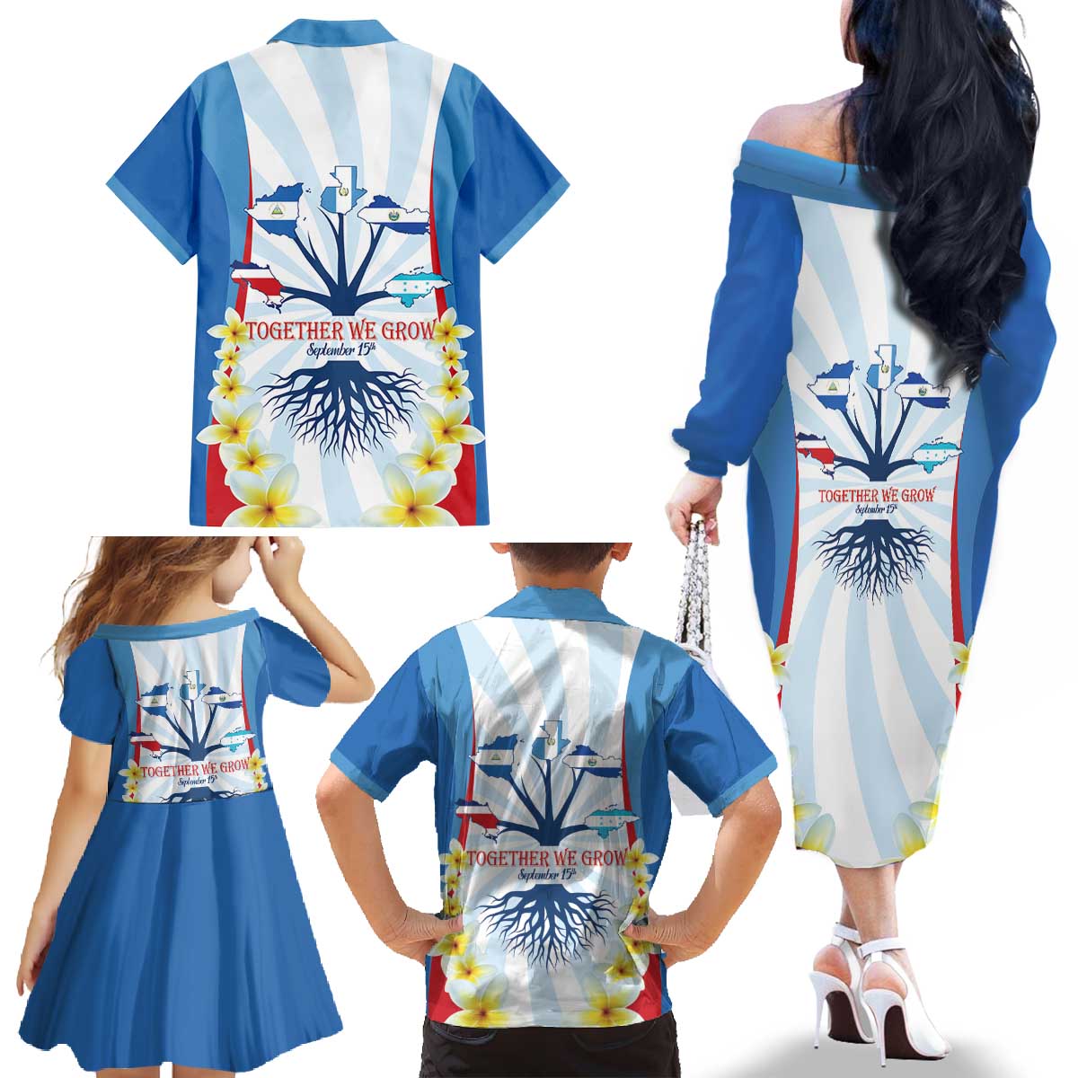 Central America Independence day Family Matching Off The Shoulder Long Sleeve Dress and Hawaiian Shirt September 15th Together We Grow - Wonder Print Shop