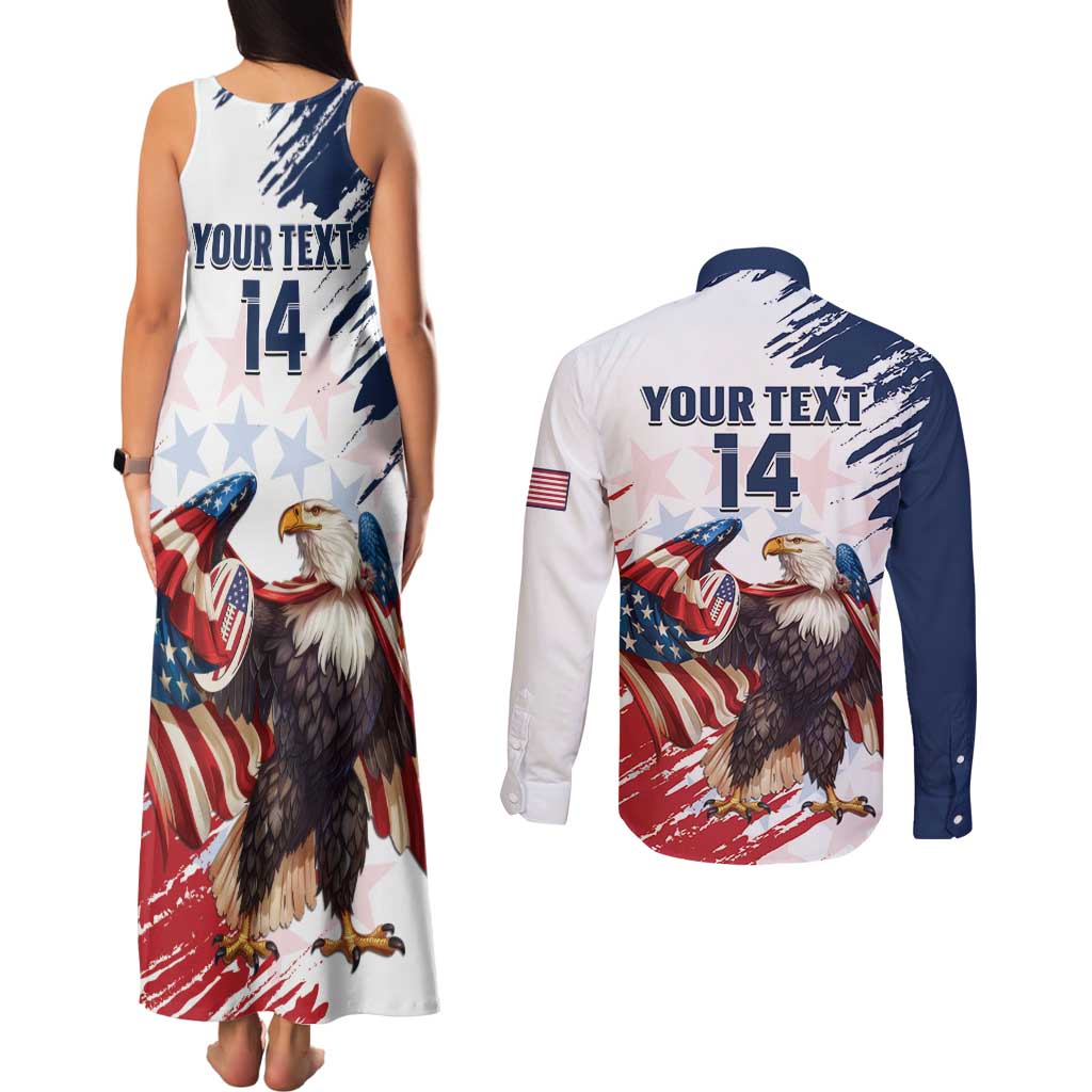 Custom USA Rugby Couples Matching Tank Maxi Dress and Long Sleeve Button Shirt Powerful Eagle Grunge Brush Style - White - Wonder Print Shop