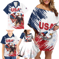 Custom USA Rugby Family Matching Off Shoulder Short Dress and Hawaiian Shirt Powerful Eagle Grunge Brush Style - White - Wonder Print Shop