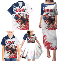 Custom USA Rugby Family Matching Puletasi and Hawaiian Shirt Powerful Eagle Grunge Brush Style - White - Wonder Print Shop
