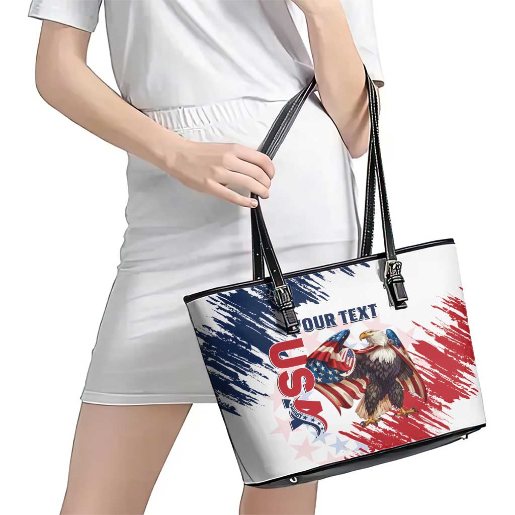 Custom USA Rugby Leather Tote Bag Powerful Eagle Grunge Brush Style - White - Wonder Print Shop