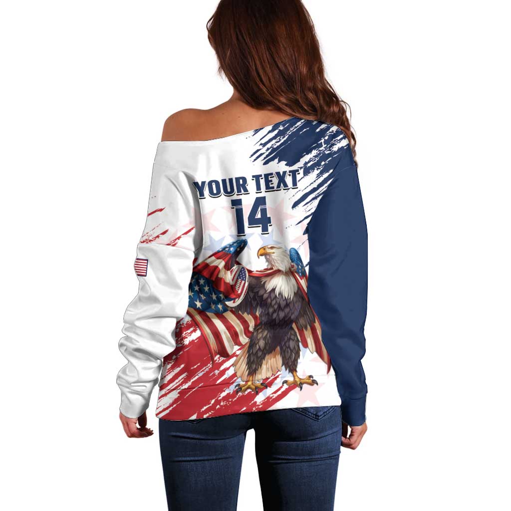 Custom USA Rugby Off Shoulder Sweater Powerful Eagle Grunge Brush Style - White - Wonder Print Shop