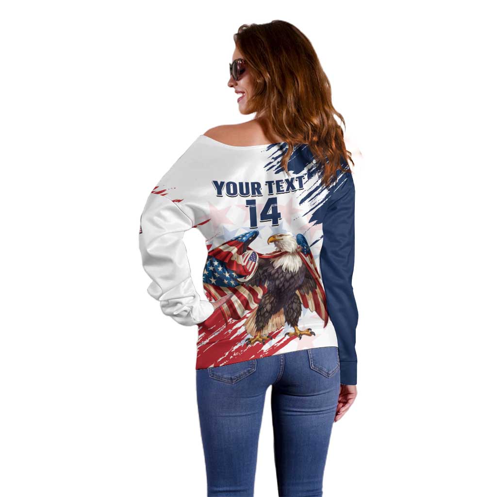 Custom USA Rugby Off Shoulder Sweater Powerful Eagle Grunge Brush Style - White - Wonder Print Shop