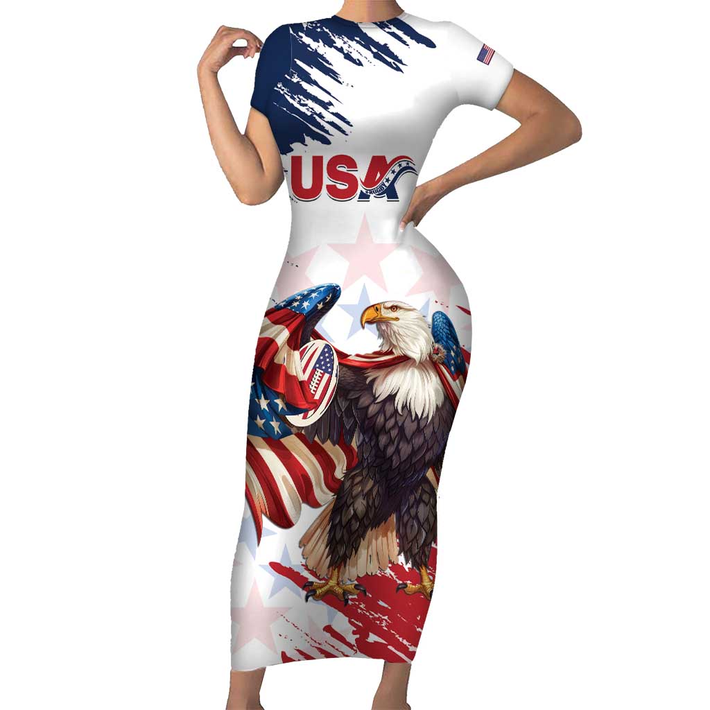 Custom USA Rugby Short Sleeve Bodycon Dress Powerful Eagle Grunge Brush Style - White - Wonder Print Shop
