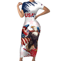 Custom USA Rugby Short Sleeve Bodycon Dress Powerful Eagle Grunge Brush Style - White - Wonder Print Shop