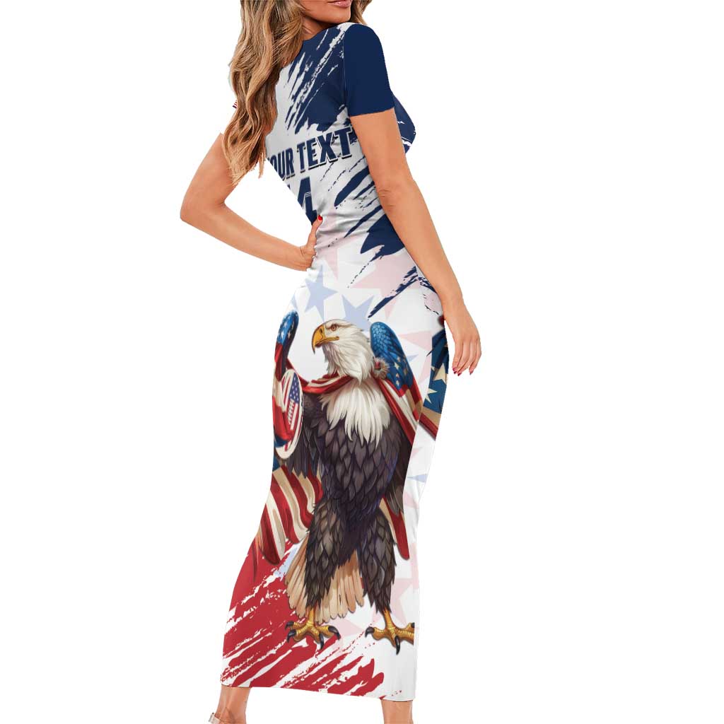 Custom USA Rugby Short Sleeve Bodycon Dress Powerful Eagle Grunge Brush Style - White - Wonder Print Shop