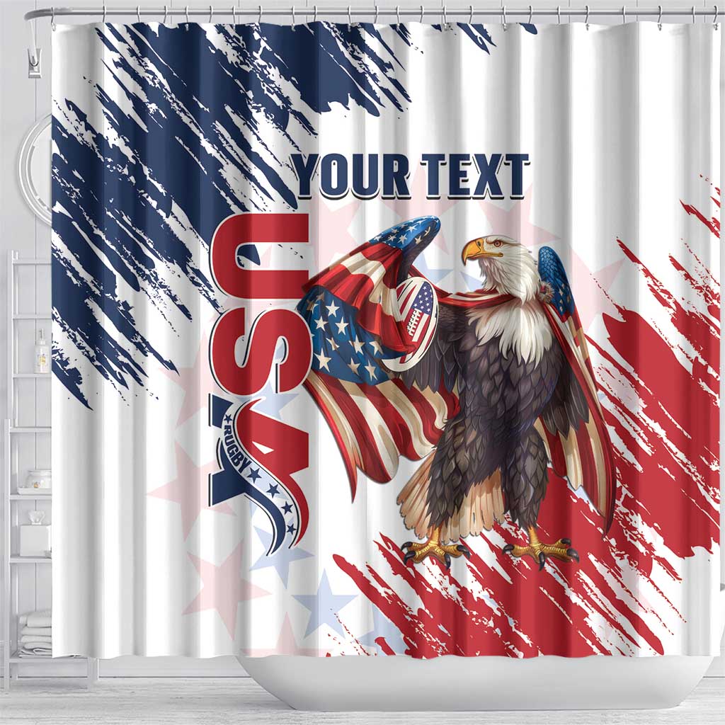 Custom USA Rugby Shower Curtain Powerful Eagle Grunge Brush Style - White