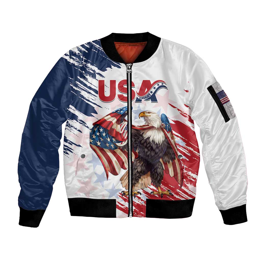 Custom USA Rugby Sleeve Zip Bomber Jacket Powerful Eagle Grunge Brush Style - White - Wonder Print Shop