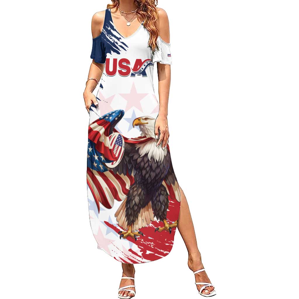 Custom USA Rugby Summer Maxi Dress Powerful Eagle Grunge Brush Style - White - Wonder Print Shop