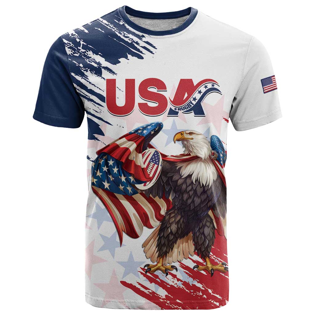 Custom USA Rugby T Shirt Powerful Eagle Grunge Brush Style - White - Wonder Print Shop