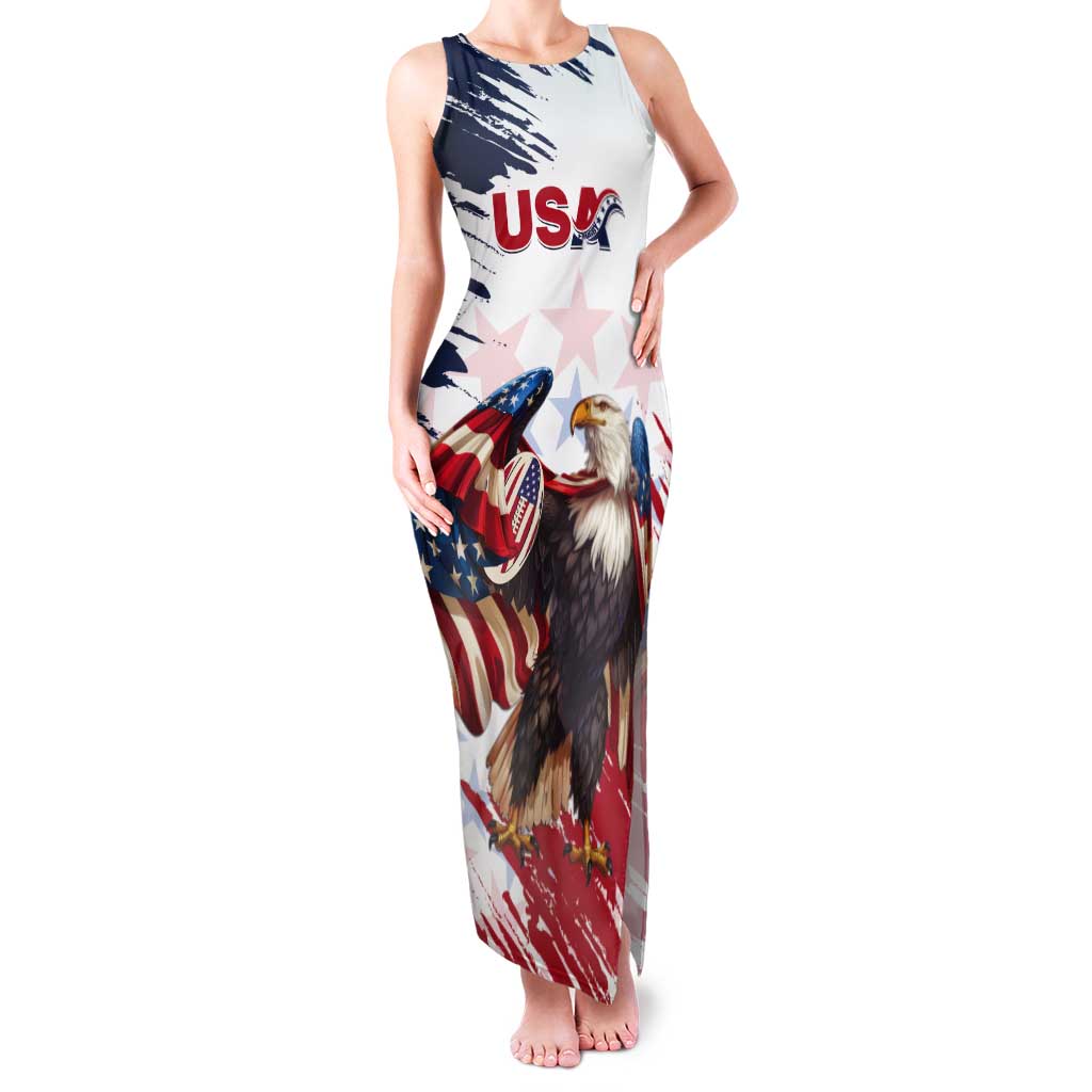 Custom USA Rugby Tank Maxi Dress Powerful Eagle Grunge Brush Style - White - Wonder Print Shop
