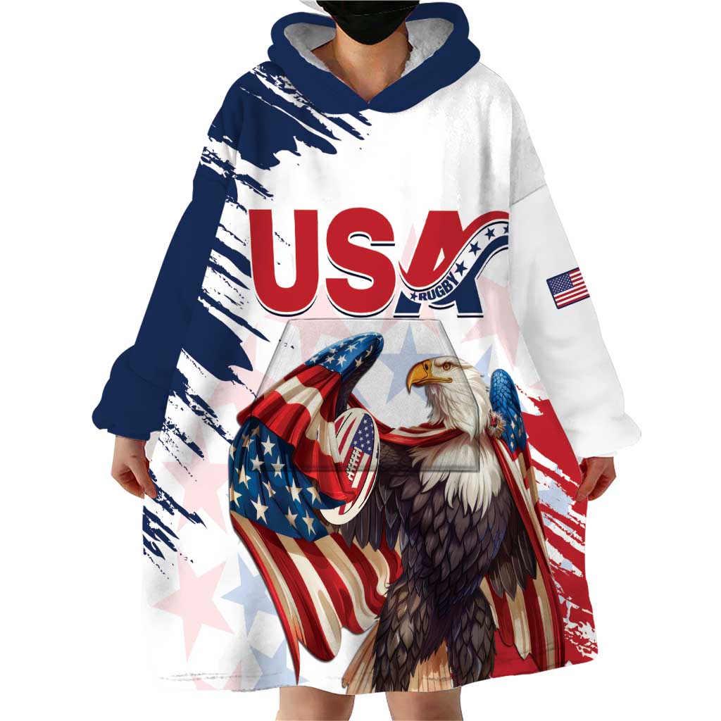 Custom USA Rugby Wearable Blanket Hoodie Powerful Eagle Grunge Brush Style - White - Wonder Print Shop