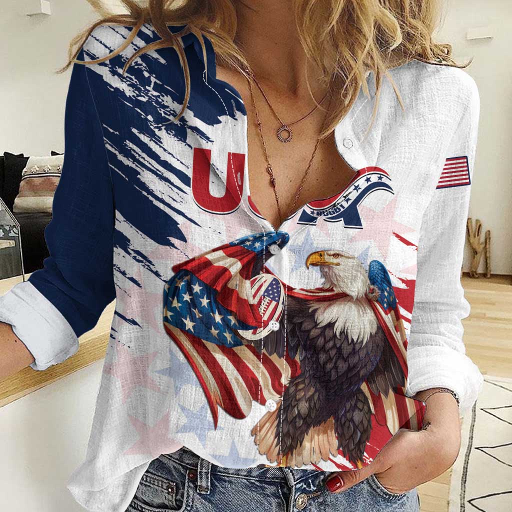 Custom USA Rugby Women Casual Shirt Powerful Eagle Grunge Brush Style - White - Wonder Print Shop