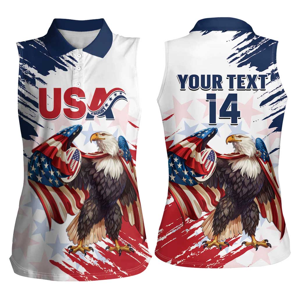 Custom USA Rugby Women Sleeveless Polo Shirt Powerful Eagle Grunge Brush Style - White - Wonder Print Shop