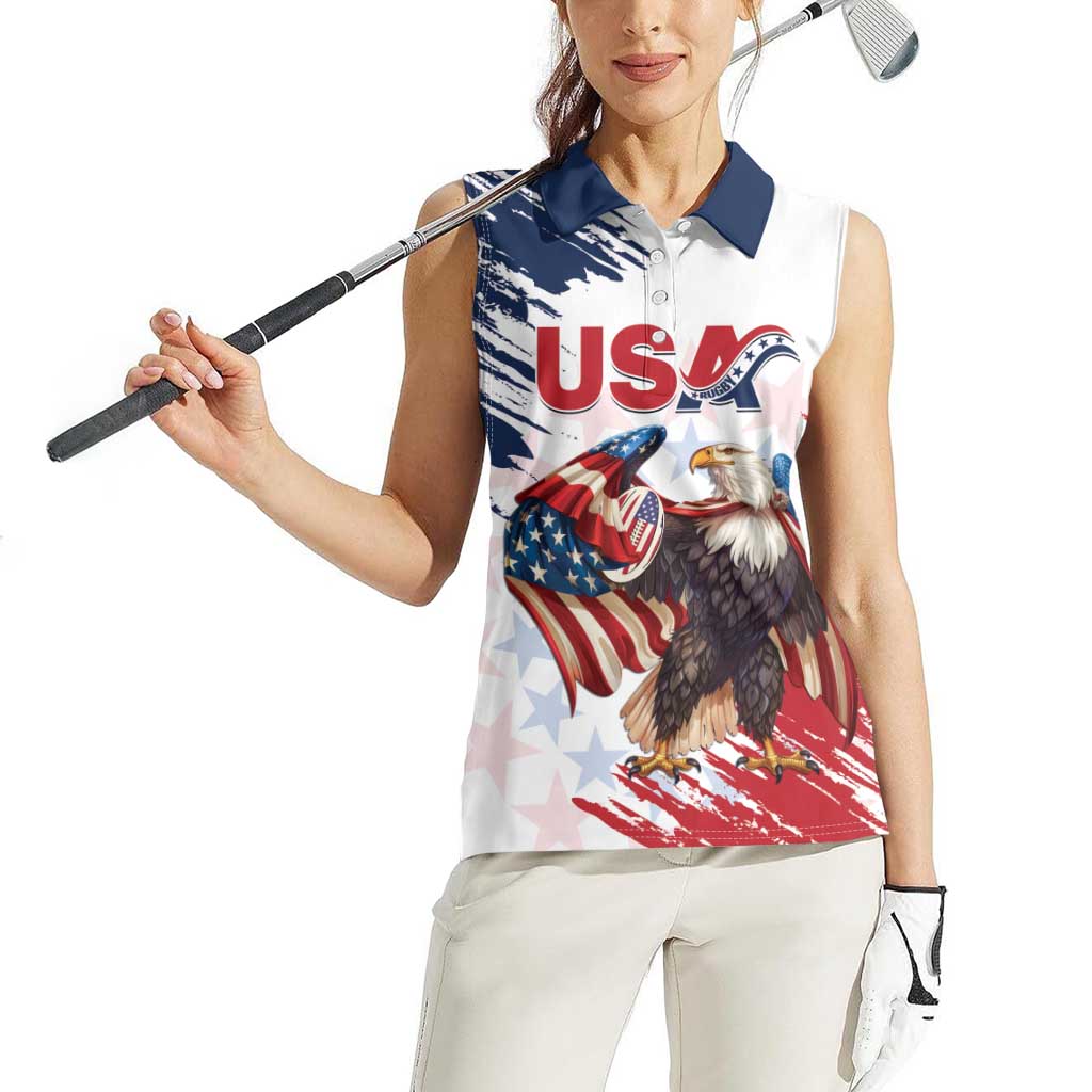 Custom USA Rugby Women Sleeveless Polo Shirt Powerful Eagle Grunge Brush Style - White - Wonder Print Shop