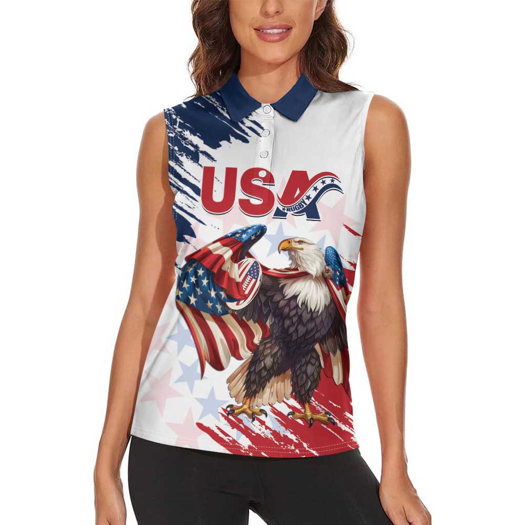 Custom USA Rugby Women Sleeveless Polo Shirt Powerful Eagle Grunge Brush Style - White - Wonder Print Shop