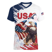 Custom USA Rugby Women V-Neck T-Shirt Powerful Eagle Grunge Brush Style - White - Wonder Print Shop