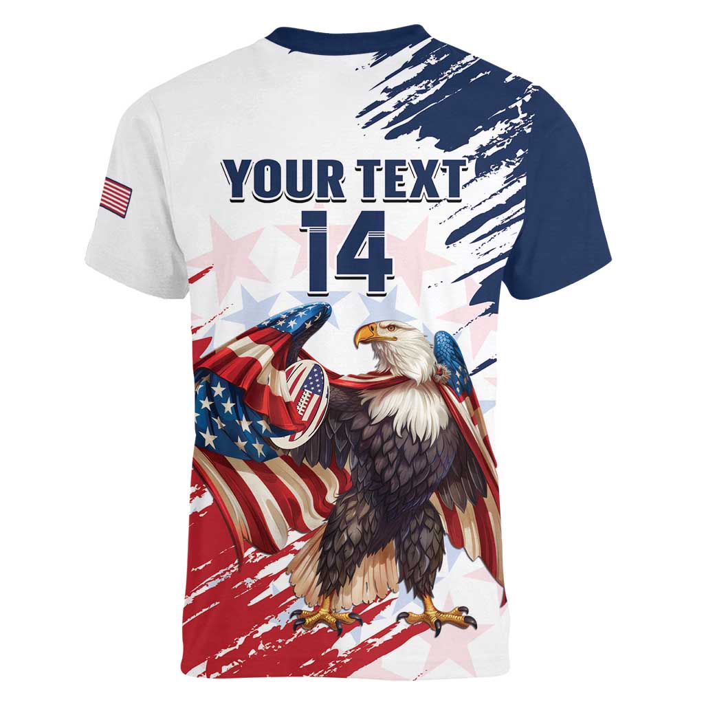 Custom USA Rugby Women V-Neck T-Shirt Powerful Eagle Grunge Brush Style - White - Wonder Print Shop