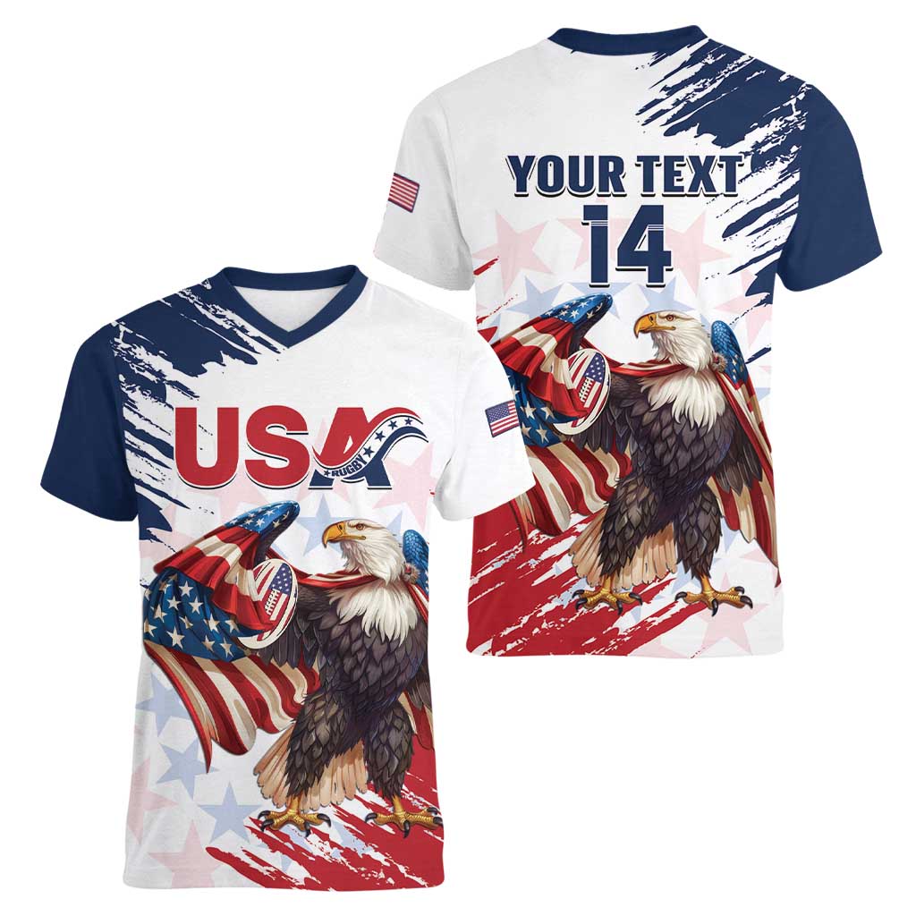 Custom USA Rugby Women V-Neck T-Shirt Powerful Eagle Grunge Brush Style - White - Wonder Print Shop