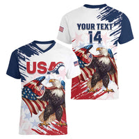 Custom USA Rugby Women V-Neck T-Shirt Powerful Eagle Grunge Brush Style - White - Wonder Print Shop