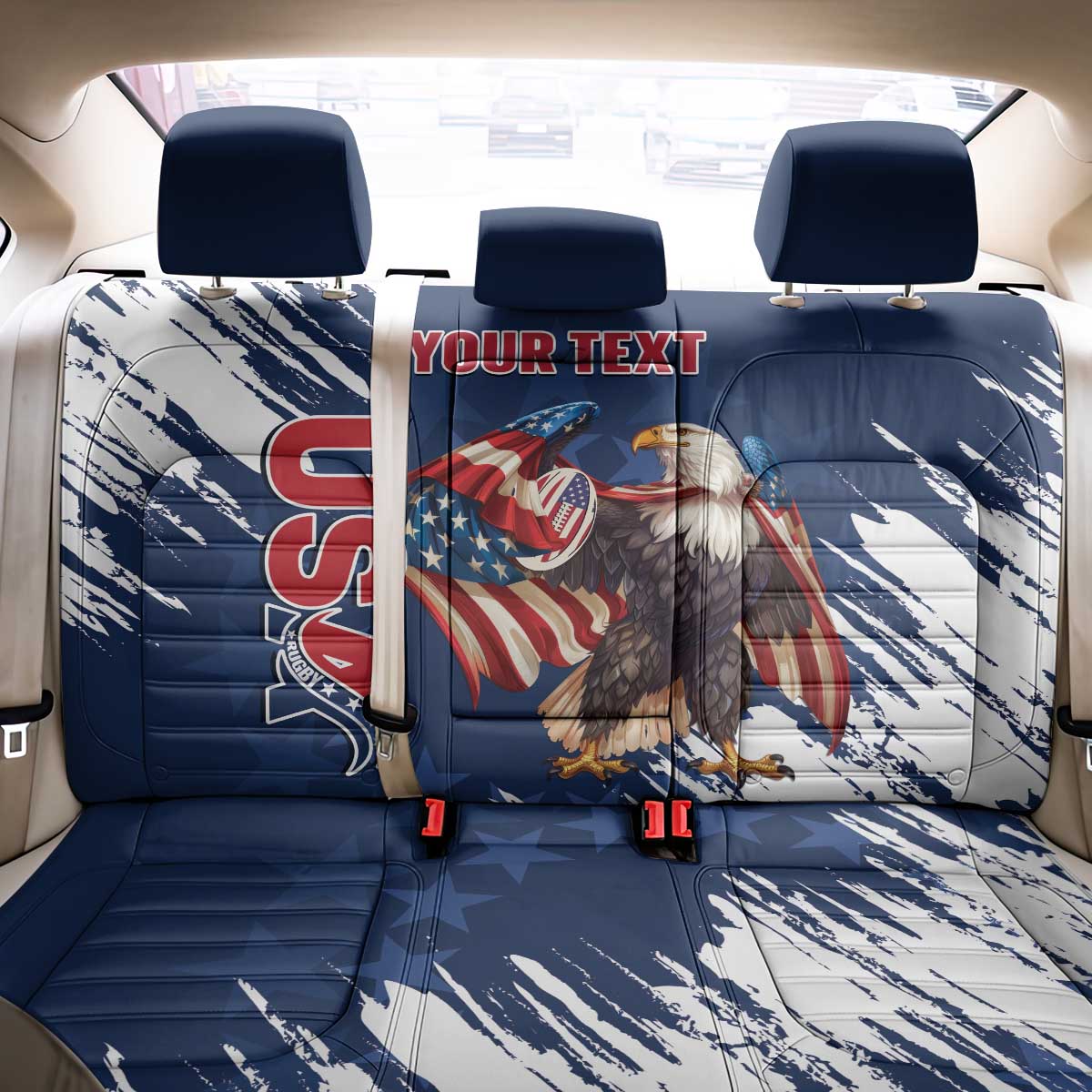 Custom USA Rugby Back Car Seat Cover Powerful Eagle Grunge Brush Style - Blue - Wonder Print Shop