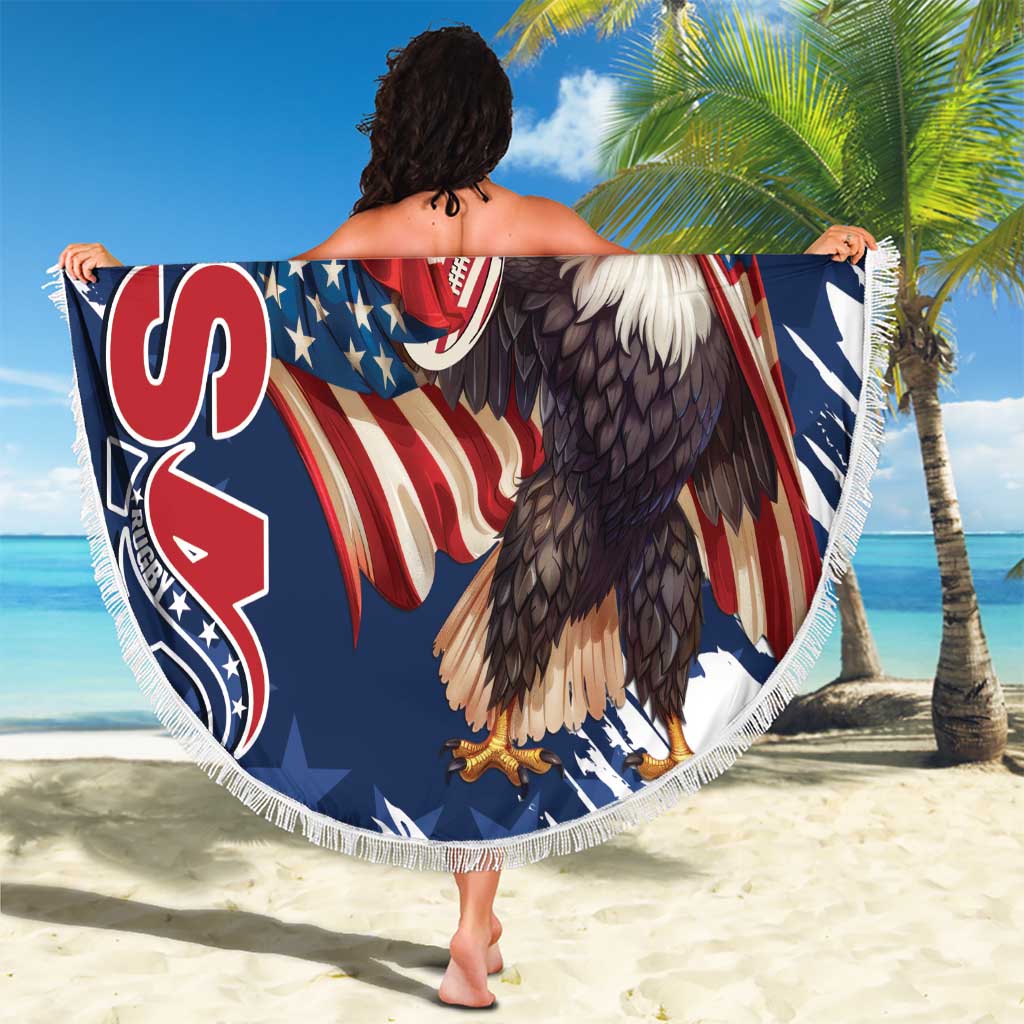 Custom USA Rugby Beach Blanket Powerful Eagle Grunge Brush Style - Blue - Wonder Print Shop