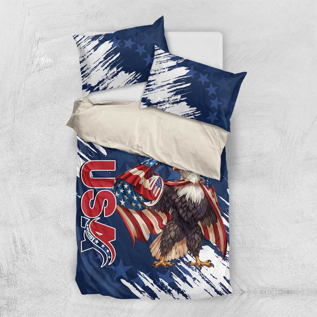 Custom USA Rugby Bedding Set Powerful Eagle Grunge Brush Style - Blue - Wonder Print Shop