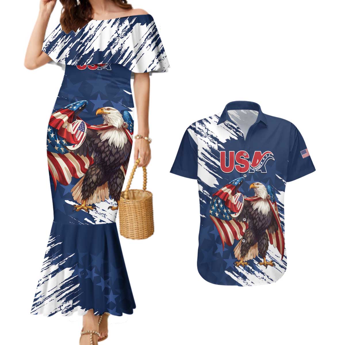 Custom USA Rugby Couples Matching Mermaid Dress and Hawaiian Shirt Powerful Eagle Grunge Brush Style - Blue - Wonder Print Shop