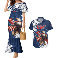 Custom USA Rugby Couples Matching Mermaid Dress and Hawaiian Shirt Powerful Eagle Grunge Brush Style - Blue - Wonder Print Shop