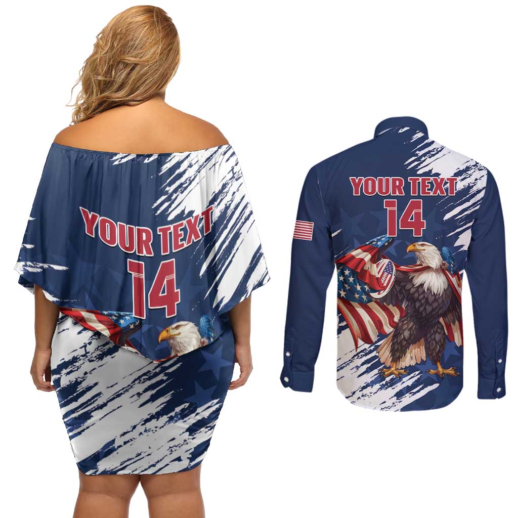 Custom USA Rugby Couples Matching Off Shoulder Short Dress and Long Sleeve Button Shirt Powerful Eagle Grunge Brush Style - Blue - Wonder Print Shop