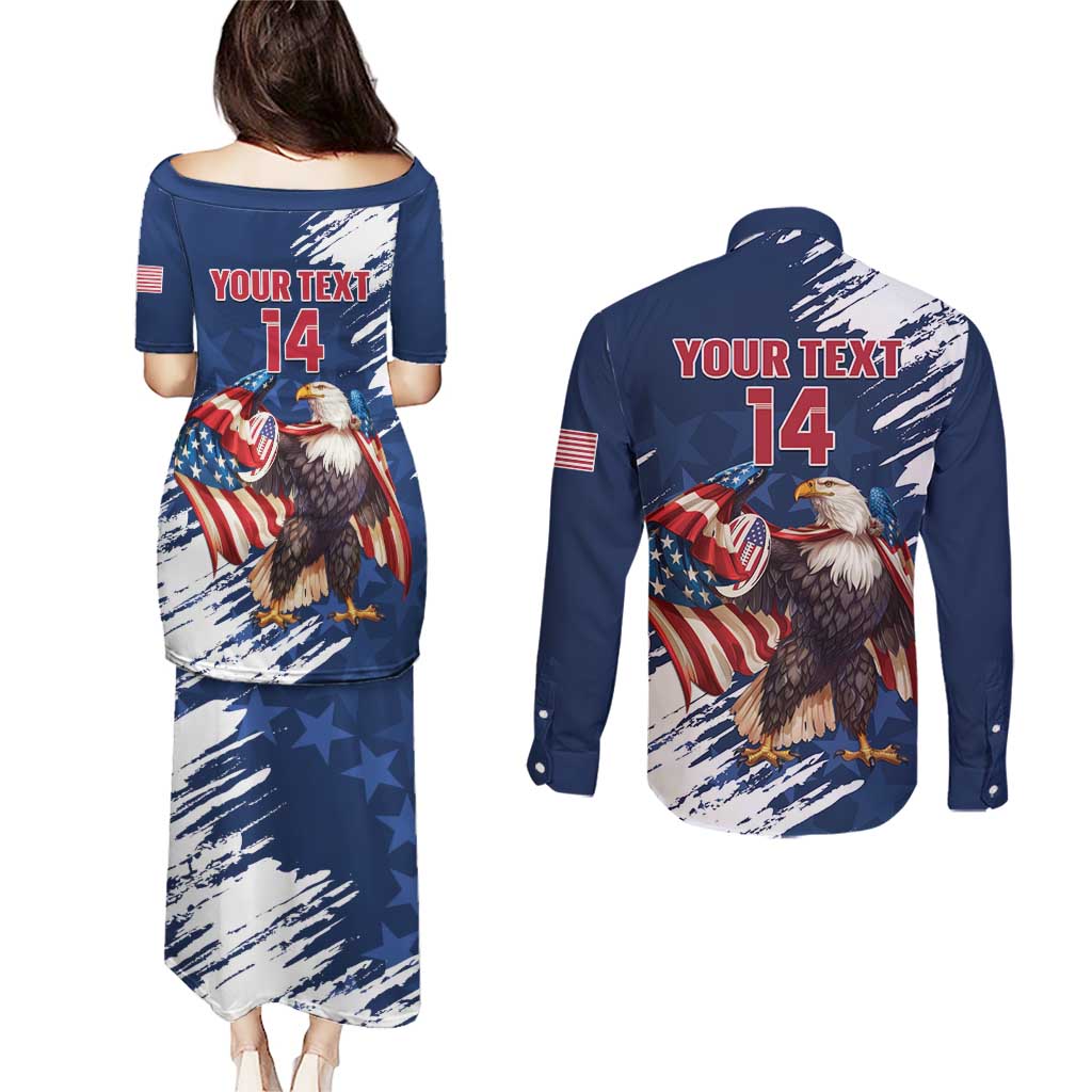 Custom USA Rugby Couples Matching Puletasi and Long Sleeve Button Shirt Powerful Eagle Grunge Brush Style - Blue - Wonder Print Shop