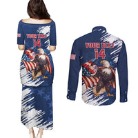Custom USA Rugby Couples Matching Puletasi and Long Sleeve Button Shirt Powerful Eagle Grunge Brush Style - Blue - Wonder Print Shop