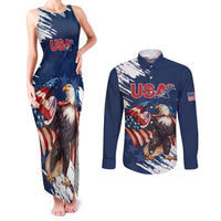 Custom USA Rugby Couples Matching Tank Maxi Dress and Long Sleeve Button Shirt Powerful Eagle Grunge Brush Style - Blue - Wonder Print Shop