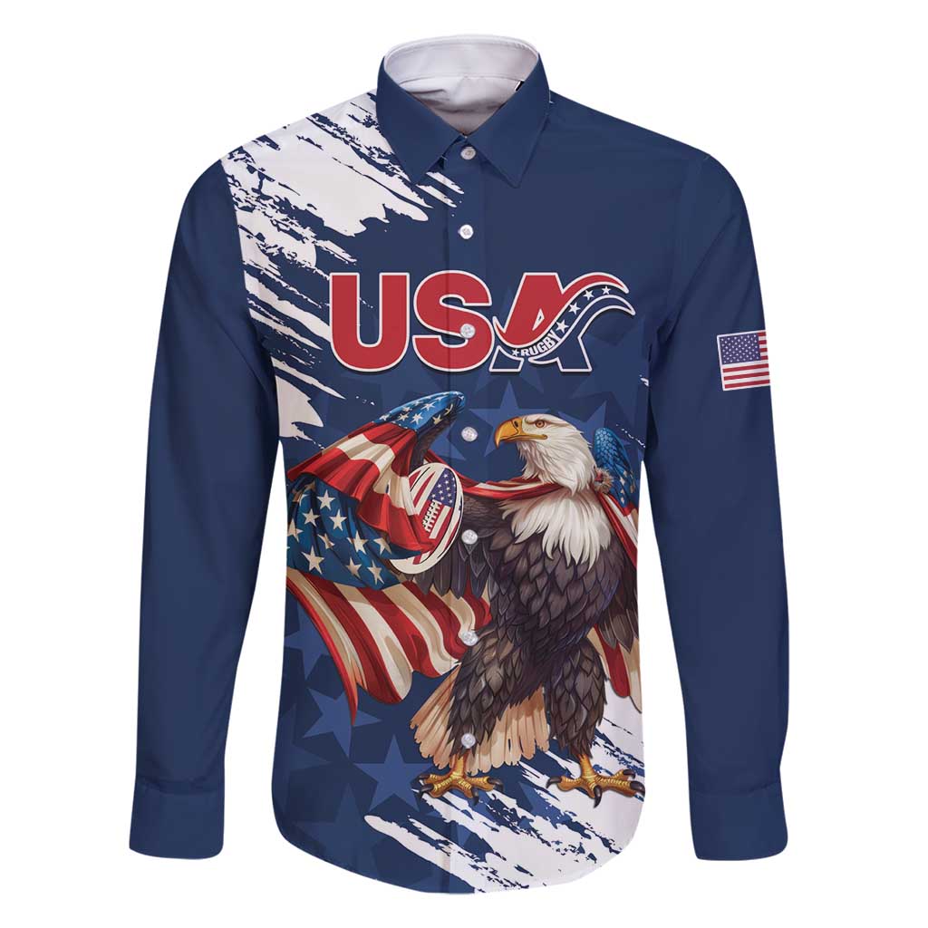 Custom USA Rugby Family Matching Long Sleeve Bodycon Dress and Hawaiian Shirt Powerful Eagle Grunge Brush Style - Blue - Wonder Print Shop
