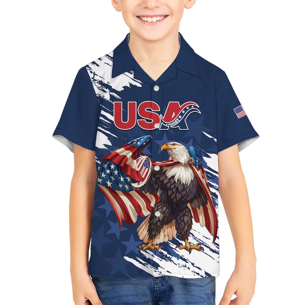 Custom USA Rugby Family Matching Off Shoulder Maxi Dress and Hawaiian Shirt Powerful Eagle Grunge Brush Style - Blue - Wonder Print Shop