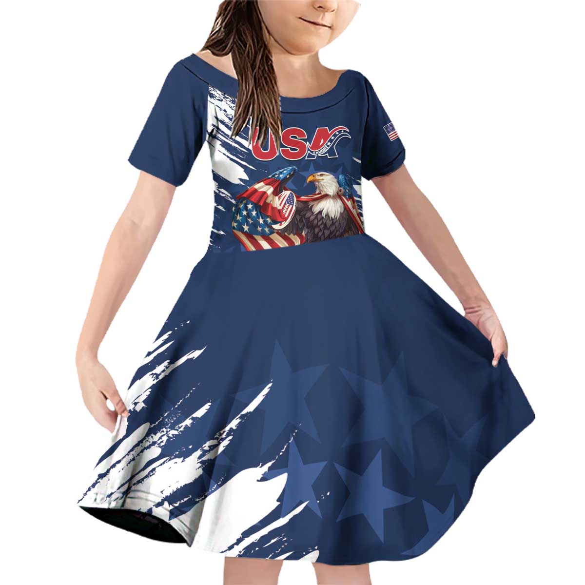 Custom USA Rugby Family Matching Off Shoulder Short Dress and Hawaiian Shirt Powerful Eagle Grunge Brush Style - Blue - Wonder Print Shop