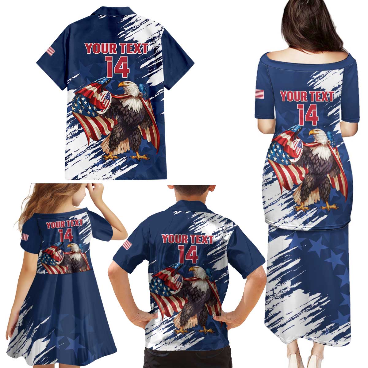 Custom USA Rugby Family Matching Puletasi and Hawaiian Shirt Powerful Eagle Grunge Brush Style - Blue - Wonder Print Shop