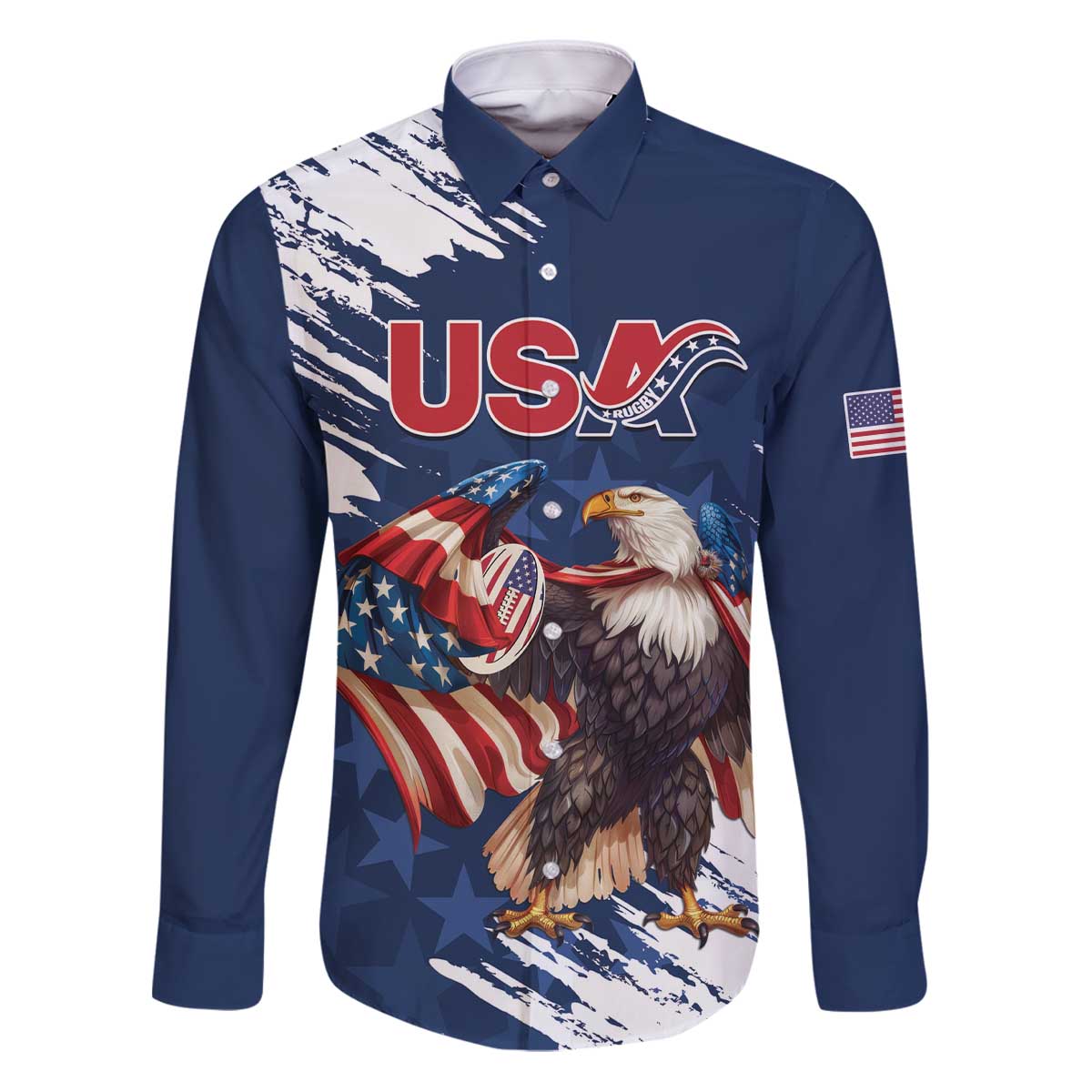 Custom USA Rugby Family Matching Puletasi and Hawaiian Shirt Powerful Eagle Grunge Brush Style - Blue - Wonder Print Shop