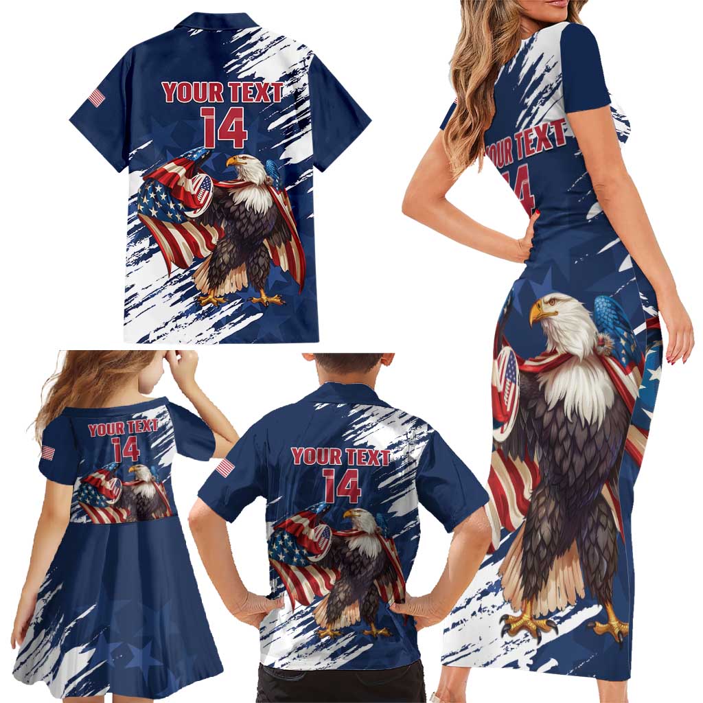 Custom USA Rugby Family Matching Short Sleeve Bodycon Dress and Hawaiian Shirt Powerful Eagle Grunge Brush Style - Blue - Wonder Print Shop