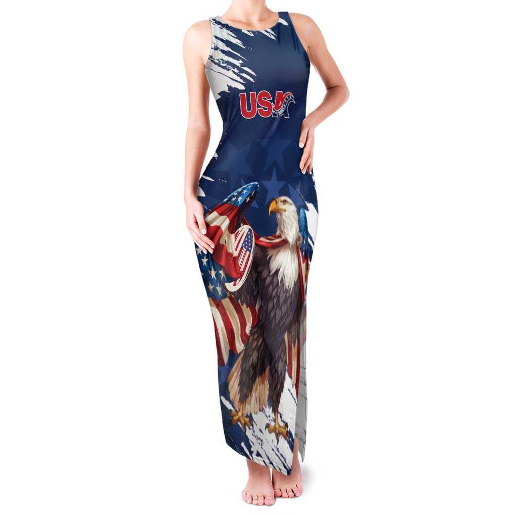 Custom USA Rugby Family Matching Tank Maxi Dress and Hawaiian Shirt Powerful Eagle Grunge Brush Style - Blue - Wonder Print Shop