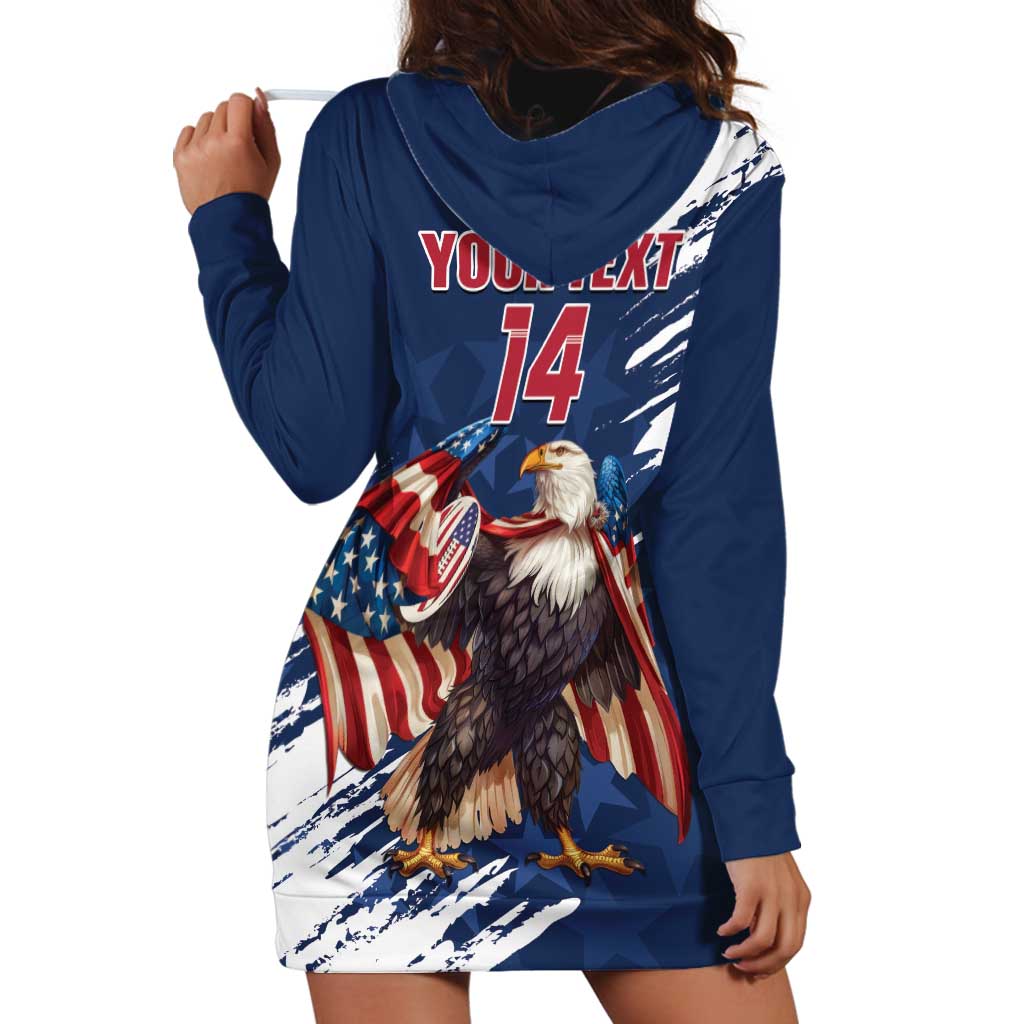 Custom USA Rugby Hoodie Dress Powerful Eagle Grunge Brush Style - Blue - Wonder Print Shop