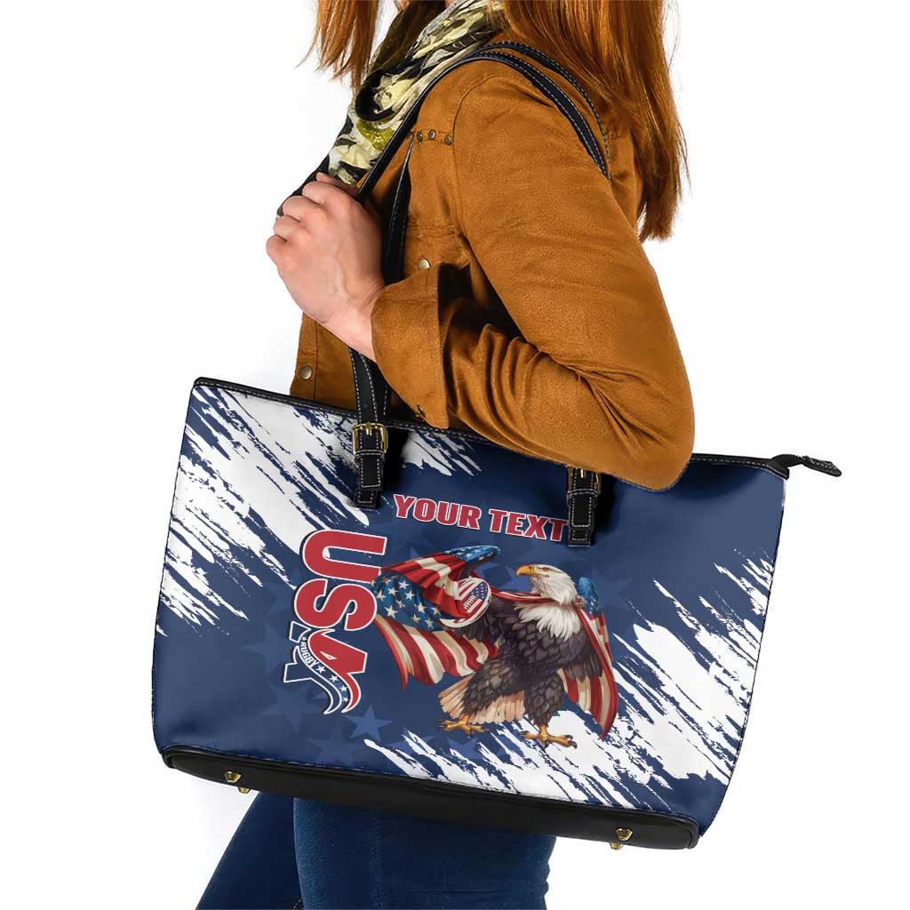 Custom USA Rugby Leather Tote Bag Powerful Eagle Grunge Brush Style - Blue - Wonder Print Shop