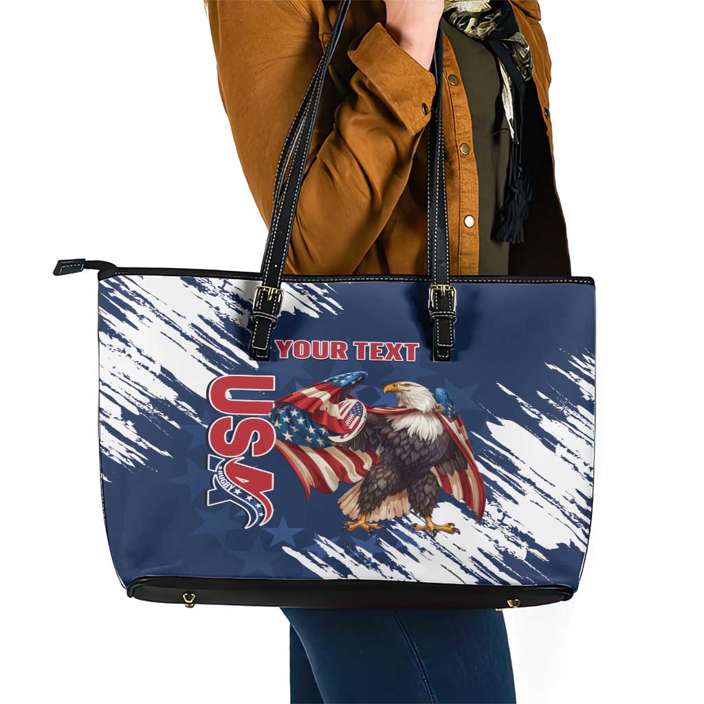 Custom USA Rugby Leather Tote Bag Powerful Eagle Grunge Brush Style - Blue - Wonder Print Shop
