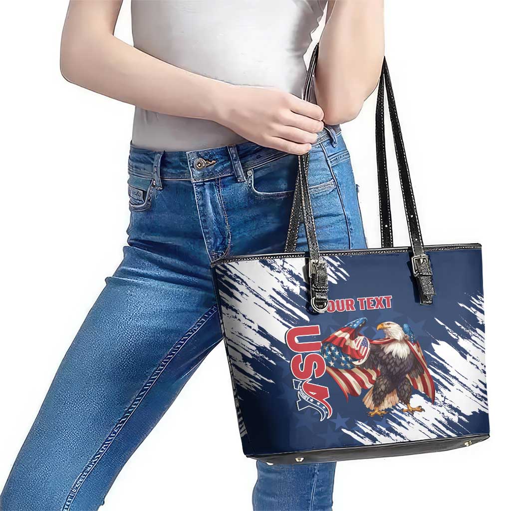 Custom USA Rugby Leather Tote Bag Powerful Eagle Grunge Brush Style - Blue - Wonder Print Shop