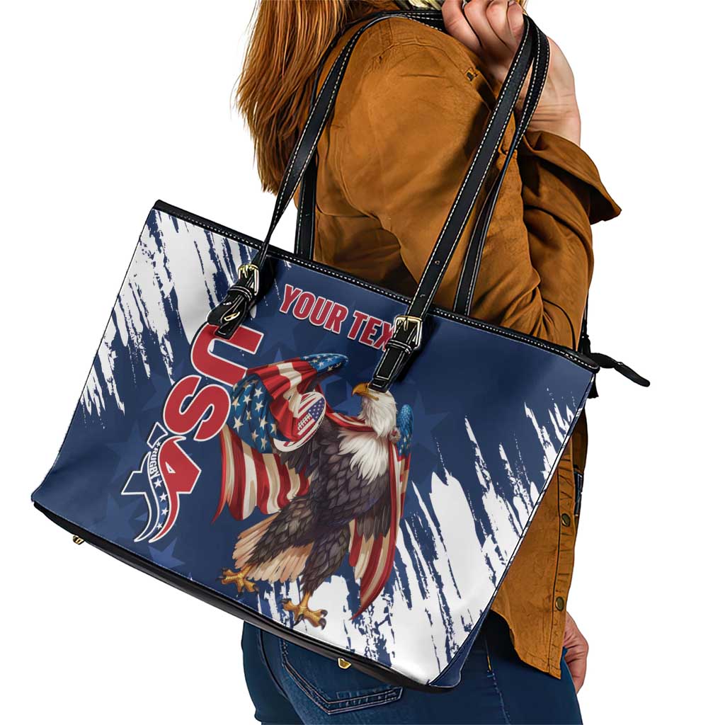 Custom USA Rugby Leather Tote Bag Powerful Eagle Grunge Brush Style - Blue - Wonder Print Shop