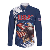 Custom USA Rugby Long Sleeve Button Shirt Powerful Eagle Grunge Brush Style - Blue - Wonder Print Shop