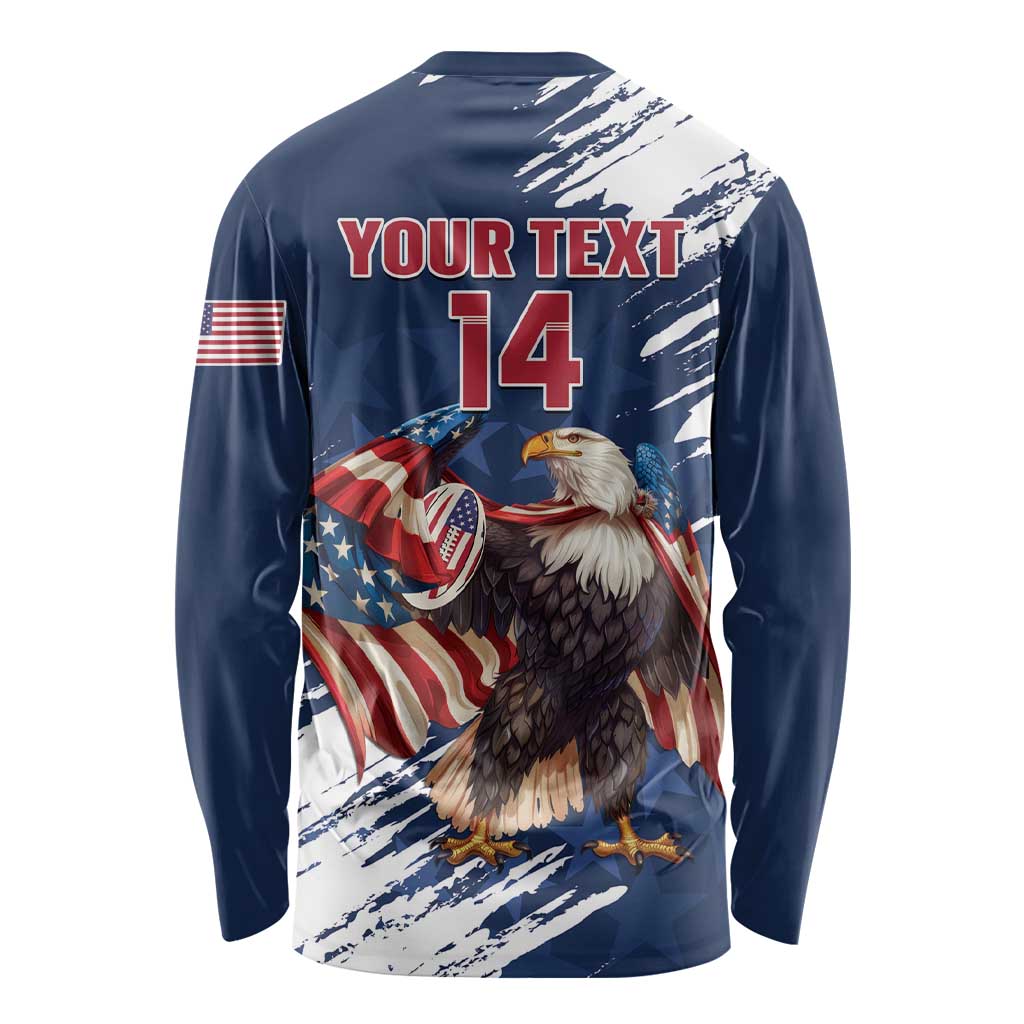Custom USA Rugby Long Sleeve Shirt Powerful Eagle Grunge Brush Style - Blue - Wonder Print Shop
