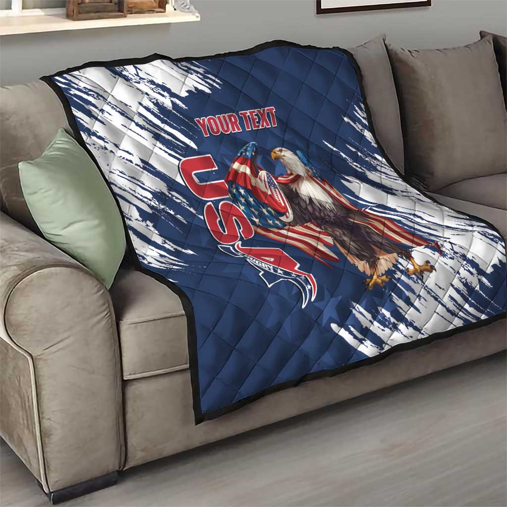 Custom USA Rugby Quilt Powerful Eagle Grunge Brush Style - Blue - Wonder Print Shop
