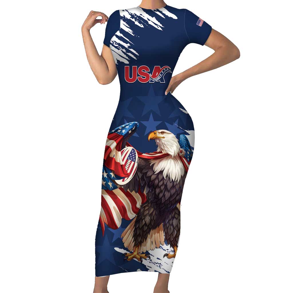 Custom USA Rugby Short Sleeve Bodycon Dress Powerful Eagle Grunge Brush Style - Blue - Wonder Print Shop