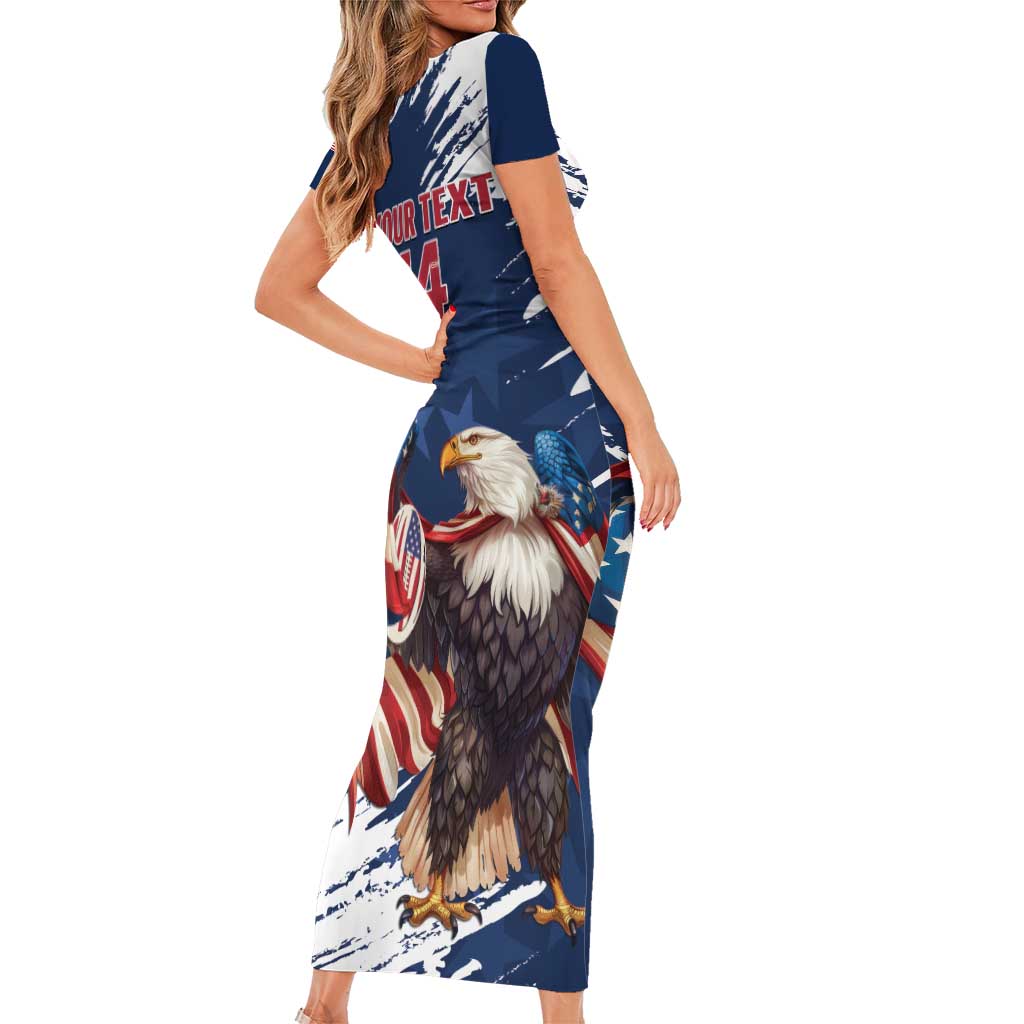 Custom USA Rugby Short Sleeve Bodycon Dress Powerful Eagle Grunge Brush Style - Blue - Wonder Print Shop